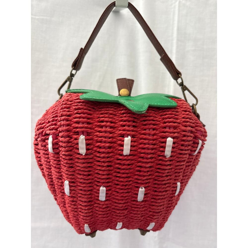 Strawberry Wicker Rattan Clutch Style Handbag Red White Green Leather Strap
